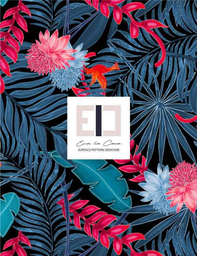 pattern Blue jungle black background large scale Eva Lo Coco