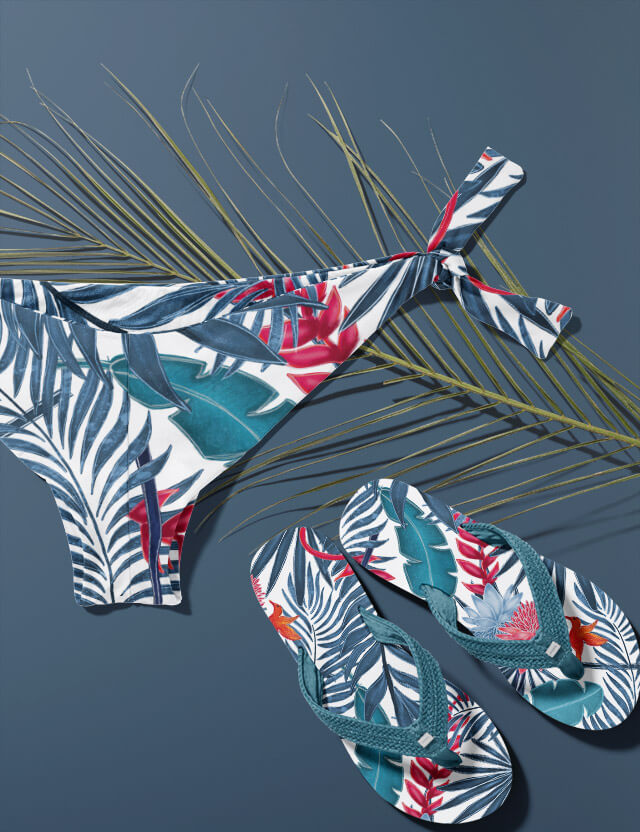 pattern blue jungle white background Eva Lo Coco bikini and flip flop