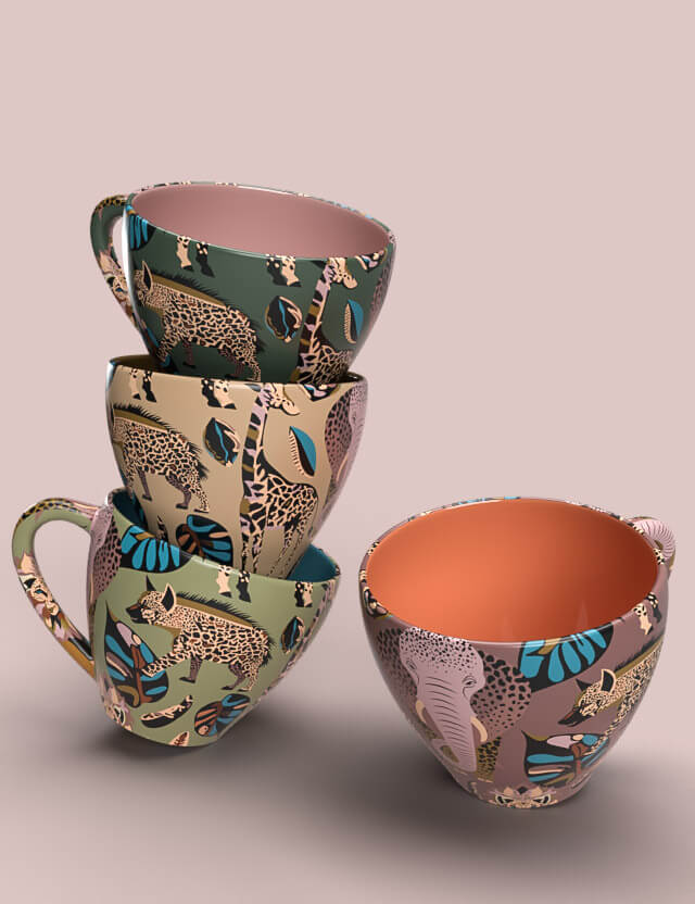 Pattern animali savana delle favole Eva Lo Coco giraffa leone zebra elefante iena foglie cups