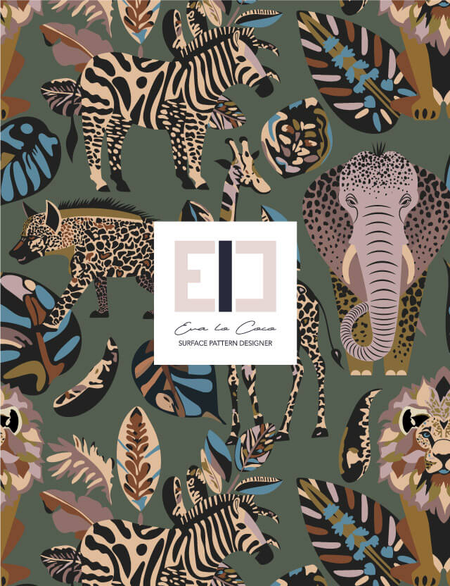 Pattern animali savana delle favole Eva Lo Coco green background giraffa leone zebra elefante iena foglie large scale