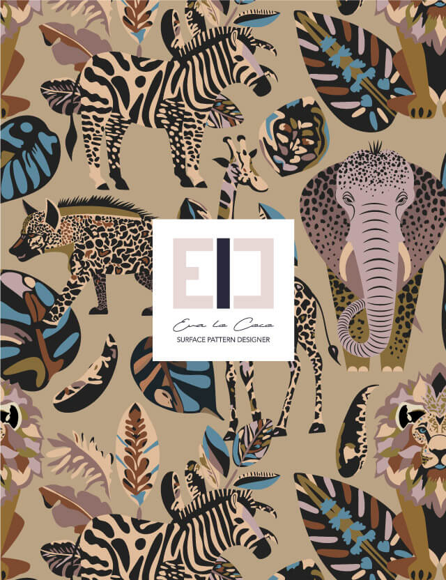 Pattern animali savana delle favole Eva Lo Coco sabbia background giraffa leone zebra elefante iena foglie large scale