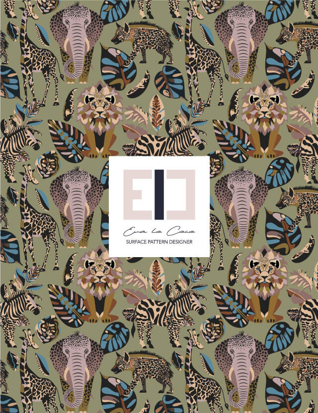 Pattern animali savana delle favole Eva Lo Coco salvia background giraffa leone zebra elefante iena foglie little scale