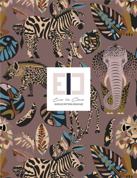 Pattern animali savana delle favole Eva Lo Coco vinaccia background giraffa leone zebra elefante iena foglie large scale