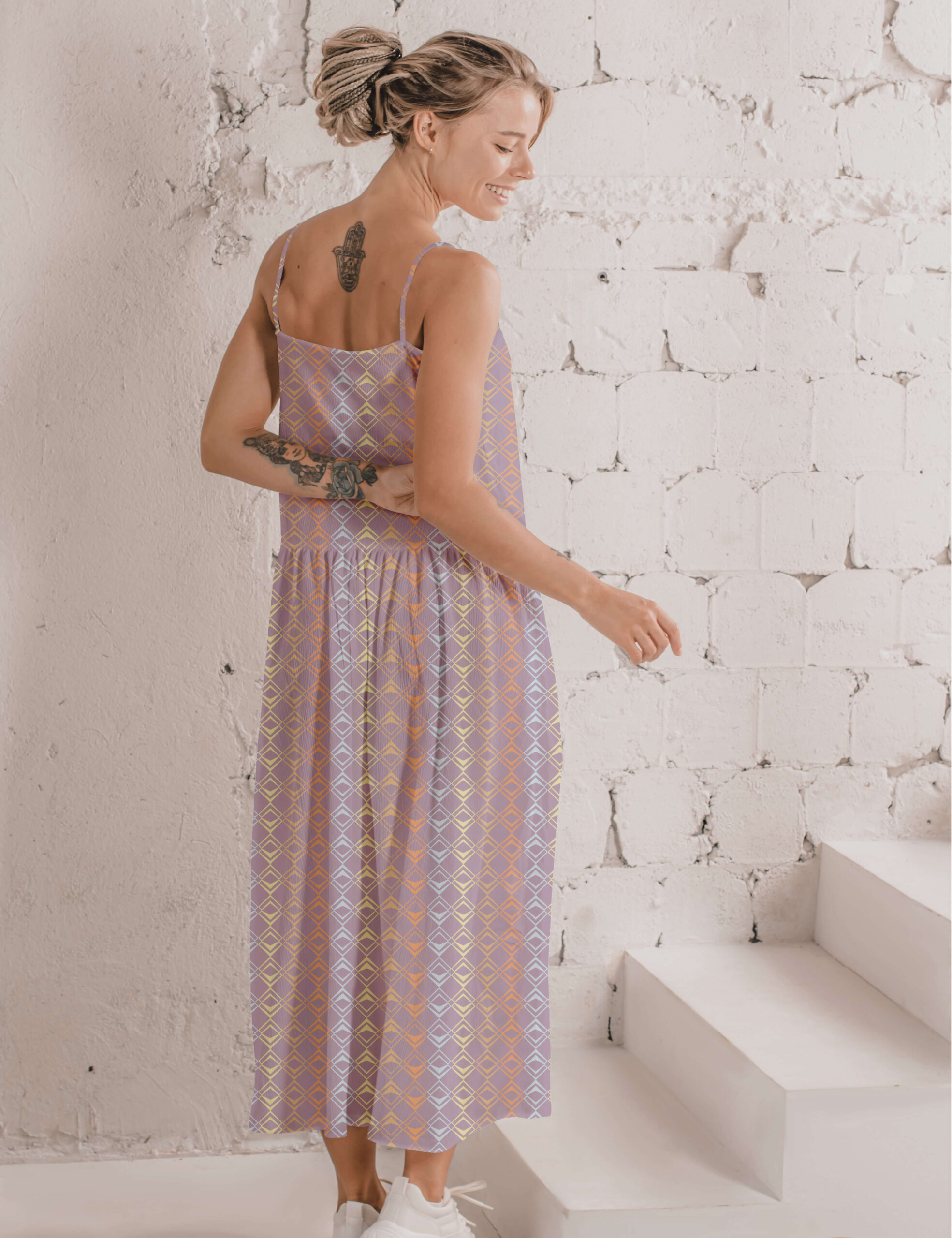 geometric pattern Rhombus Weave pink orange yellow light blue dress eva lo coco scaled