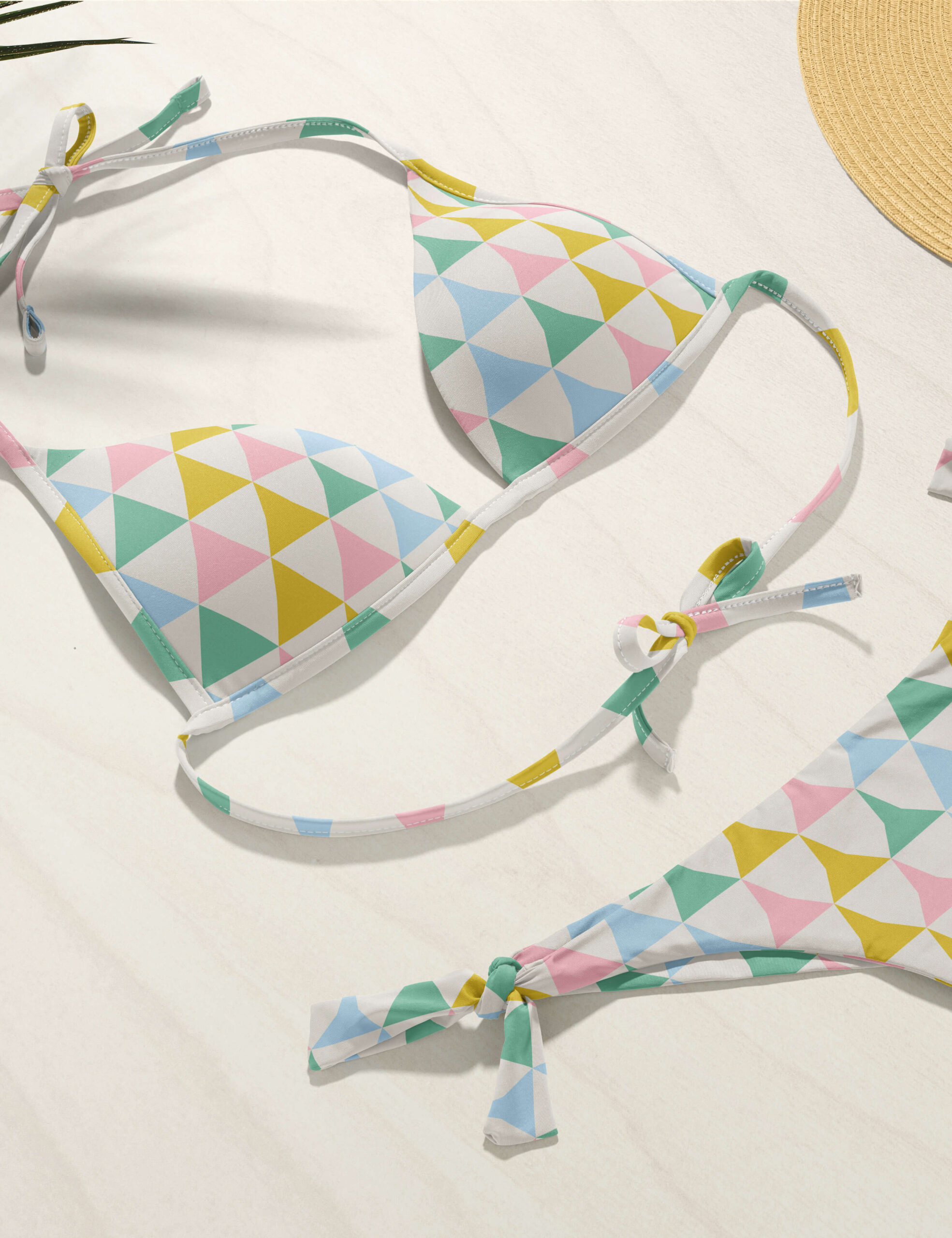 pattern geometrico triangles in metamorphosis yellow pink light blue turquoise Eva Lo Coco bikini scaled